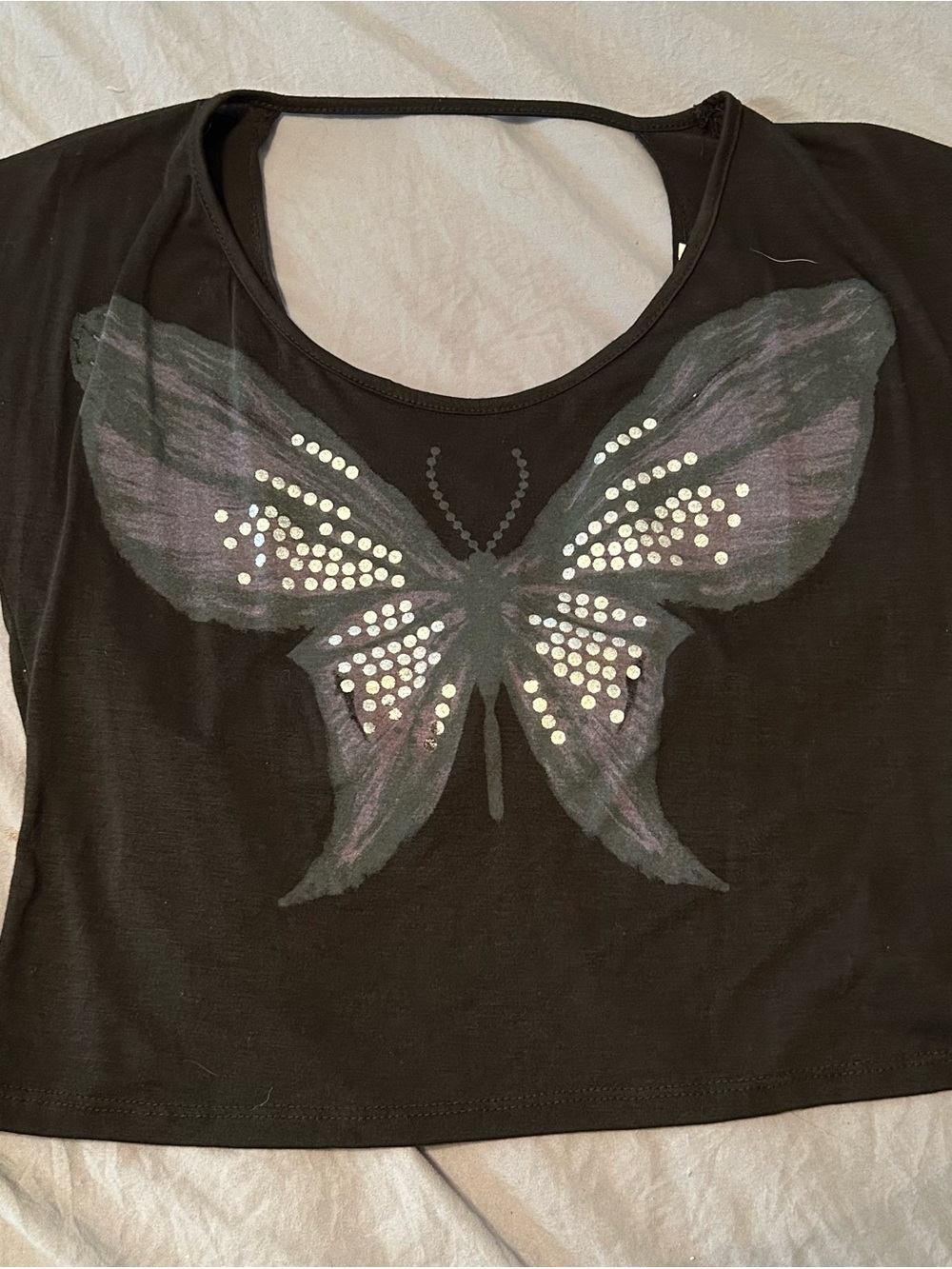 Black Butterfly Sequin Accent Women's Top